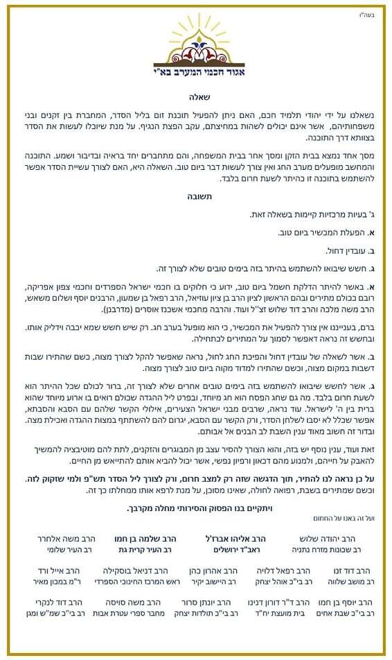 פסק הלכה בעניין ליל הסדר